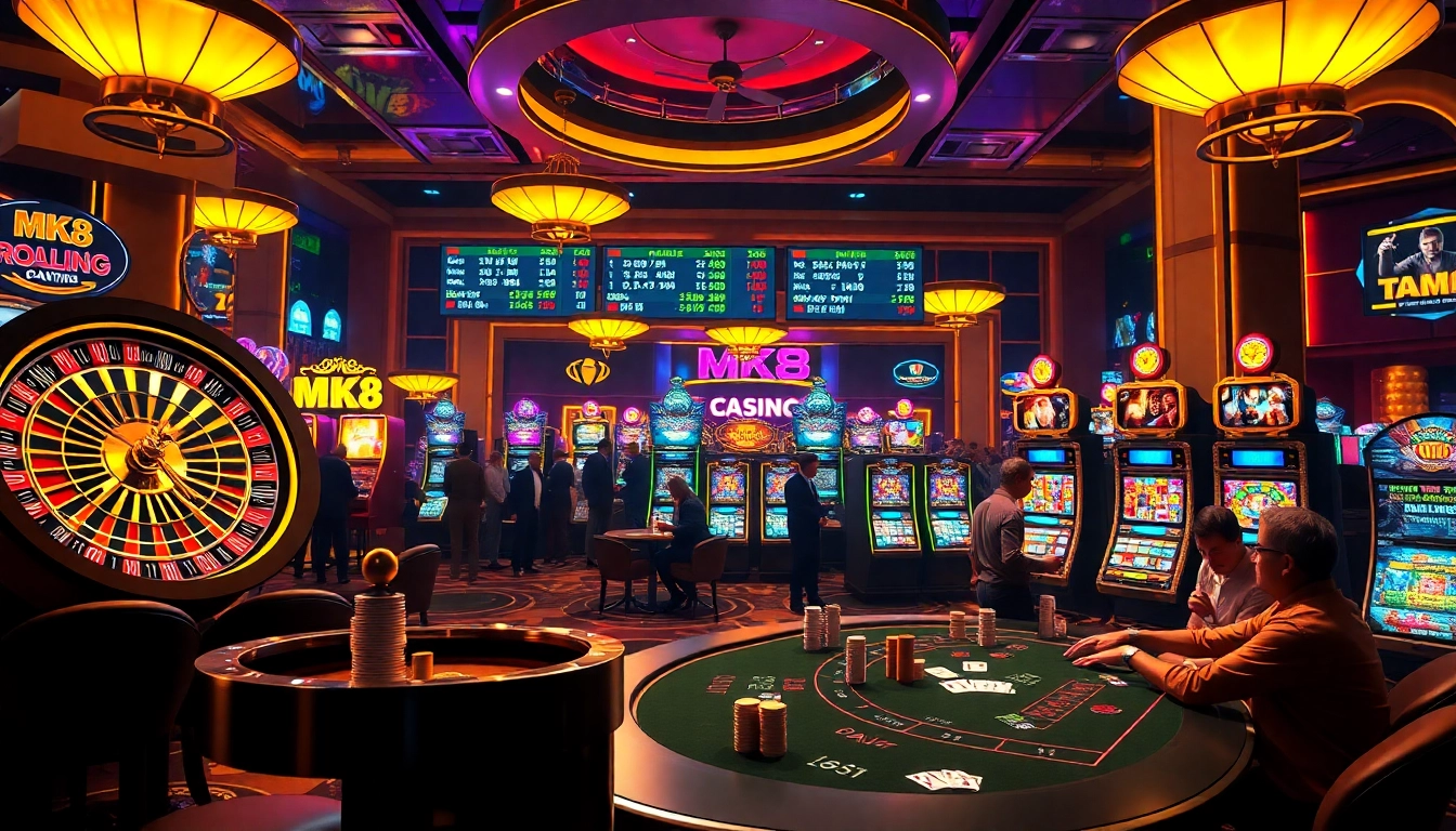 Engaged gamblers at a roulette table in a luxurious casino setting, highlighting MK8 excitement.
