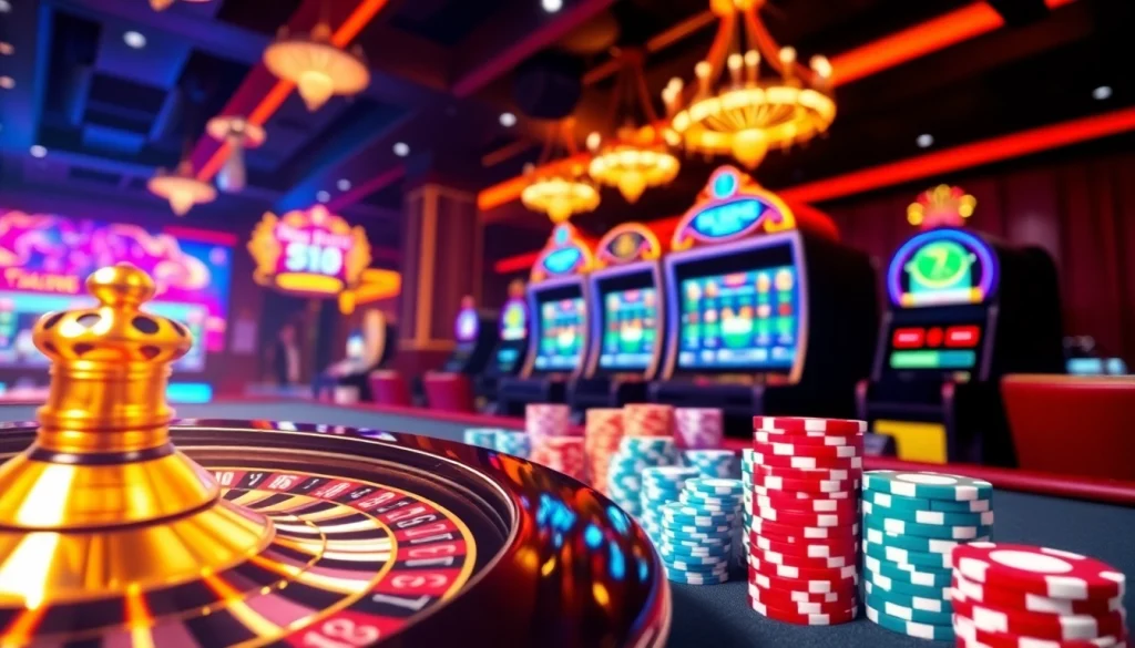 Exciting scene showcasing online casino gameplay at https://xn88.law/ with roulette, poker chips, and vibrant gaming atmosphere.
