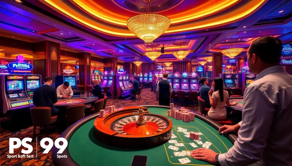A vibrant and luxurious casino scene showcasing PS 99 with players enjoying gambling at tables and slot machines.