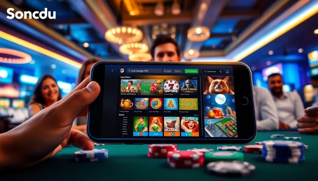 Sonclub mobile gaming experience showcasing exciting slots and sports betting in a vibrant environment.