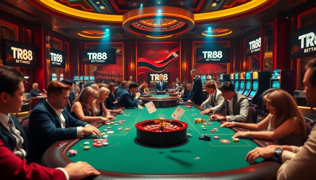 Experience thrilling gaming at TR88 casino with vibrant tables, chips, and a roulette wheel spinning.