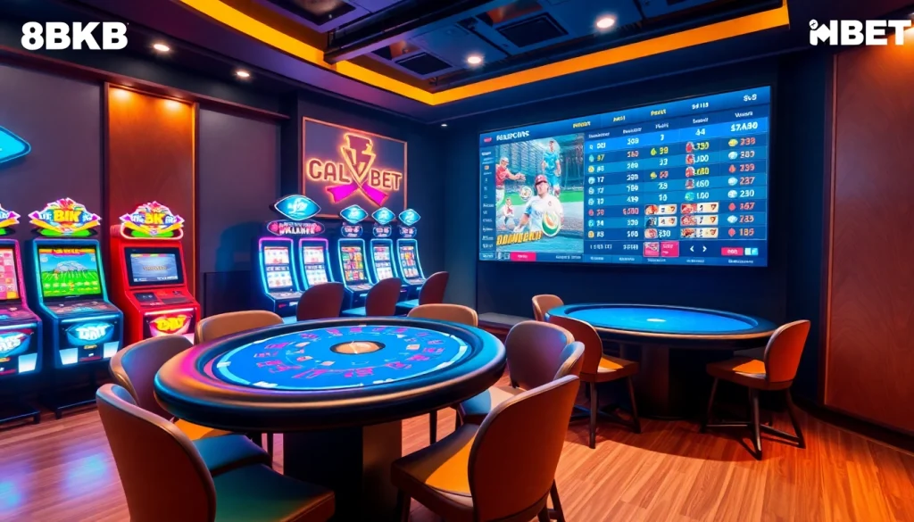 Explore the vibrant gaming atmosphere at 8KBET featuring exciting slot machines and sports betting displays.