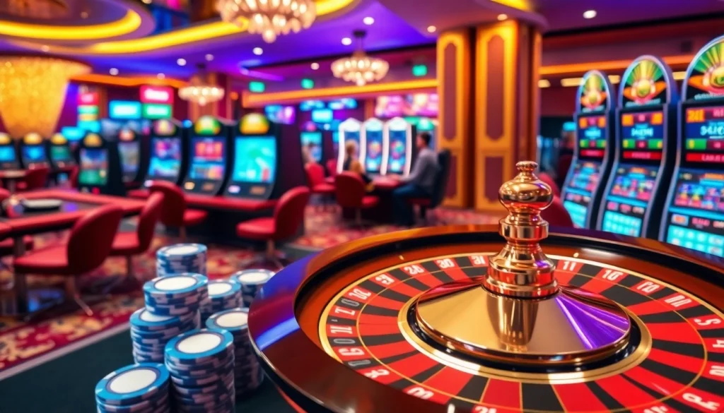 Experience the thrill of wagering with 789WIN in a luxurious casino setting showcasing roulette, poker, and slot machines.