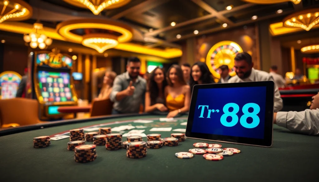 Experience the thrill of TR 88 at a luxurious casino table filled with poker chips and cards.