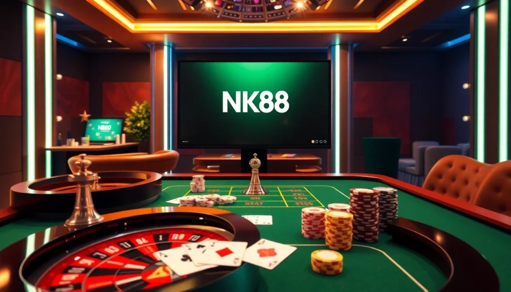 Experience the luxury of online gaming at NK88 with poker chips, cards, and a roulette wheel.