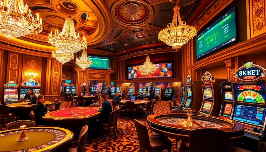 Experience the thrill of 8kbet with vibrant casino gaming scenes featuring roulette wheels and poker tables.