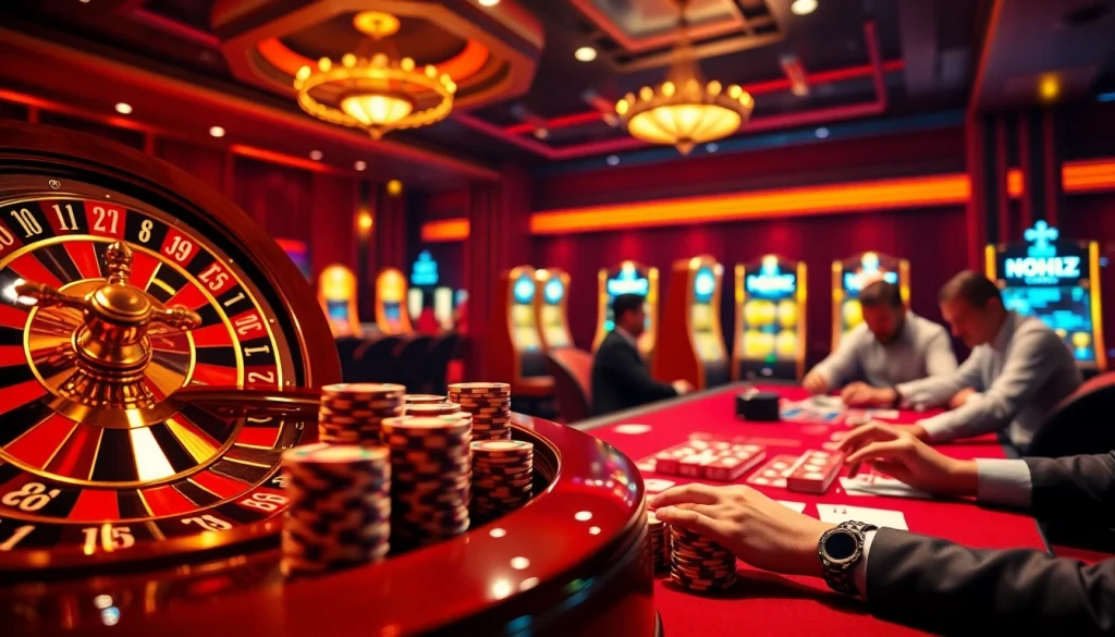 Engage in thrilling gameplay at NOHU52 with luxurious casino visuals featuring poker chips and a roulette wheel.