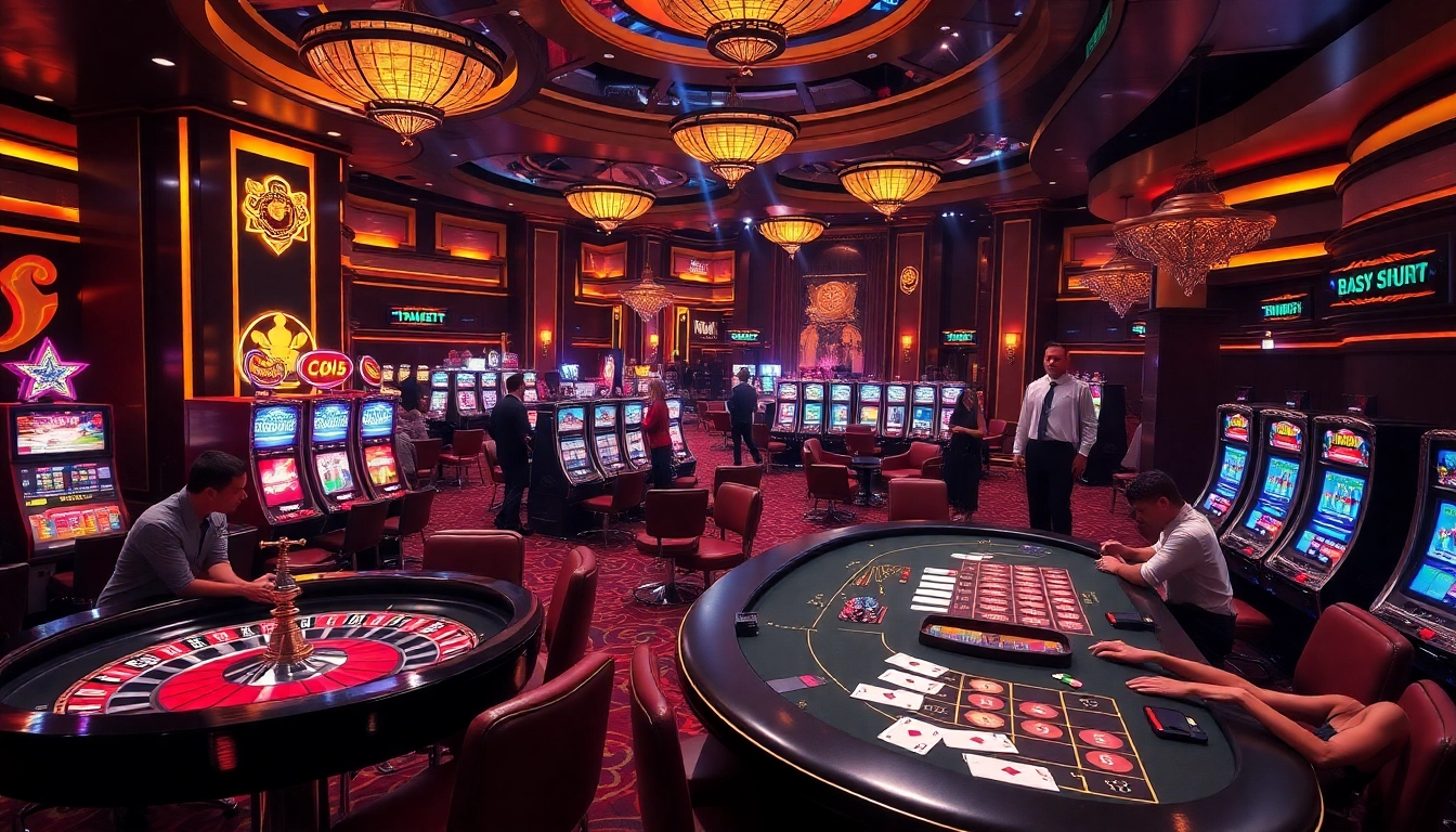 Experience thrilling gaming with thabet newba5 at an upscale casino featuring roulette and slot machines.