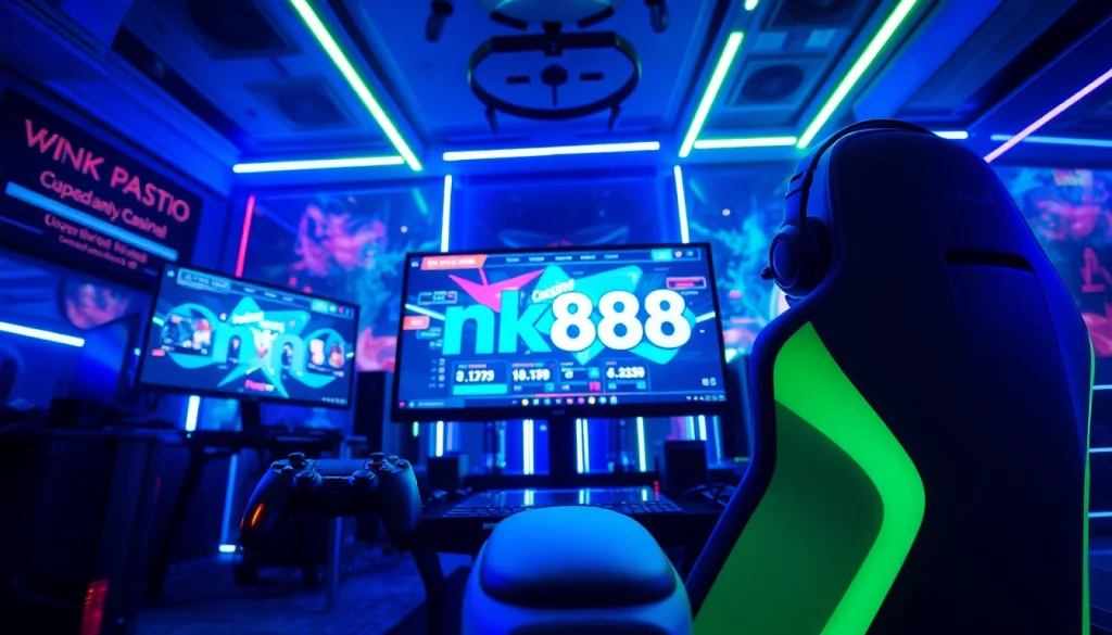 Engaging gaming scene with nk88 interface, vibrant LED lighting, and high-tech setup.