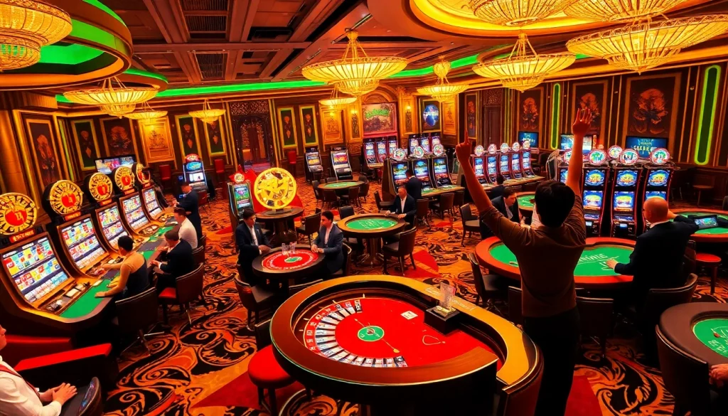 Players enjoying a thrilling experience at TG88 online casino with vibrant gaming tables and slot machines.