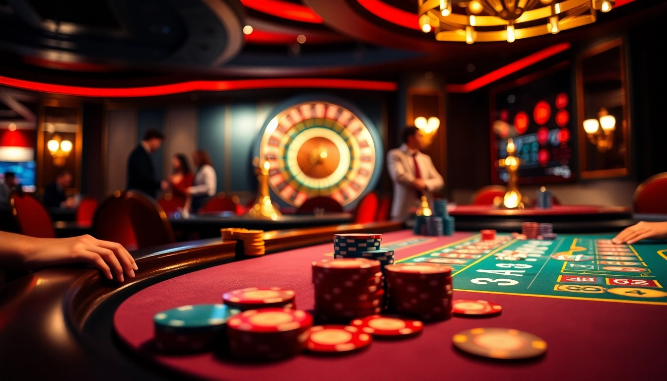 KIM88 poker table in a luxurious casino setting with vibrant chips and cards, embodying thrilling gambling.