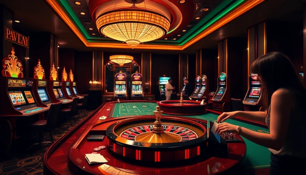 F168 casino atmosphere featuring roulette and slot machines in a luxurious setting.