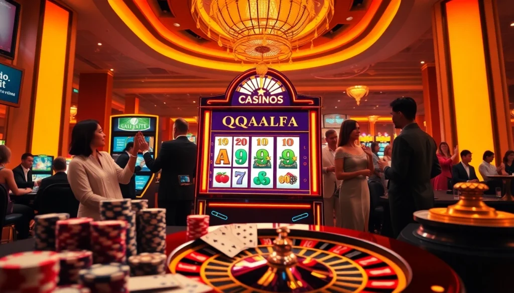 Players celebrating wins at QQALFA slot machine in a luxurious casino atmosphere with poker elements.