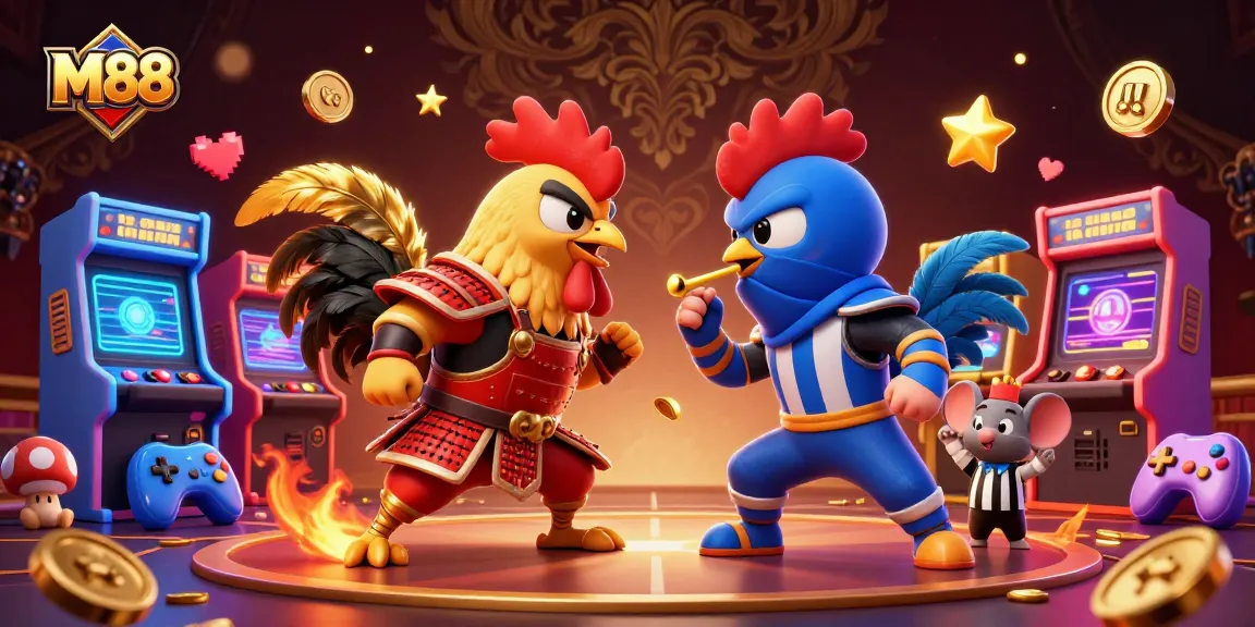M88 presents an intense cockfighting scene with two roosters in dynamic armor setups amidst vivid gaming elements.