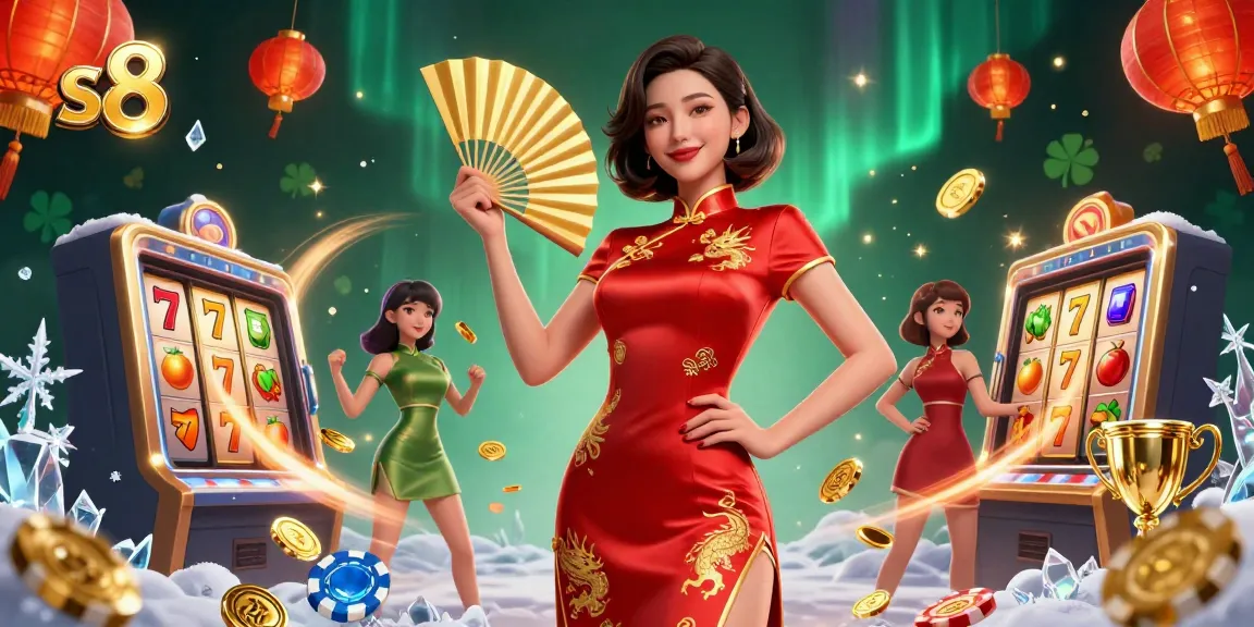 S8's vibrant casino illustration featuring dynamic slot reels and an elegant character celebrating winnings.