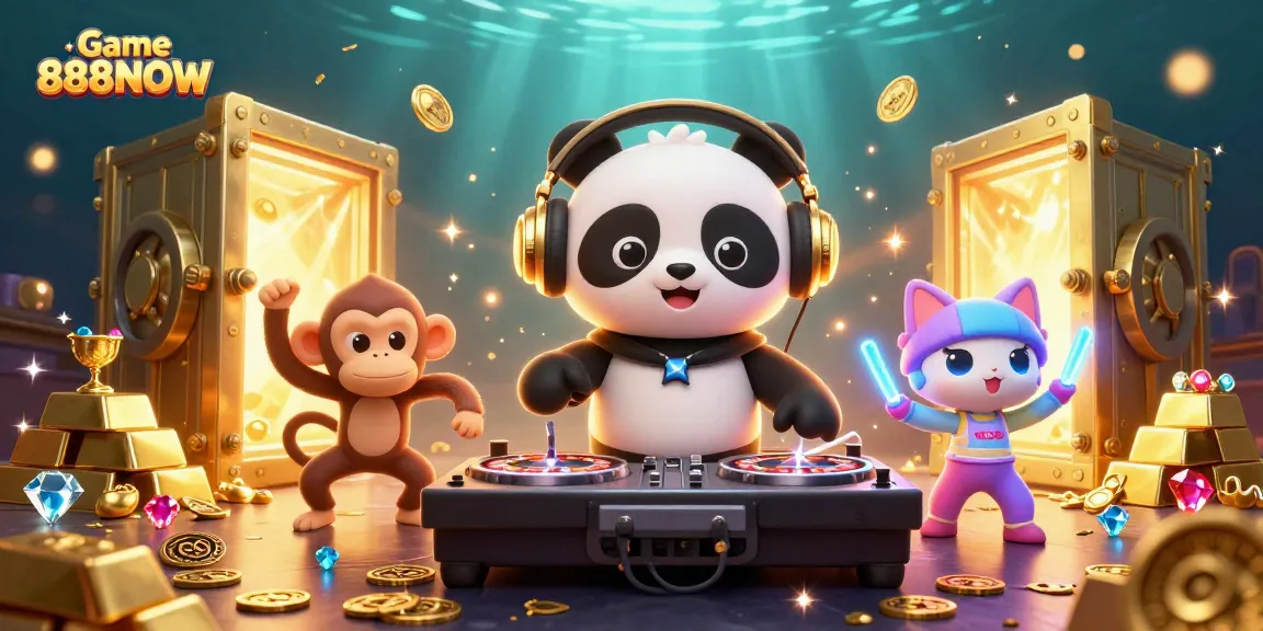 Experience the thrill of Game 888NOW with DJ panda and vibrant characters amidst a treasure-filled scene.