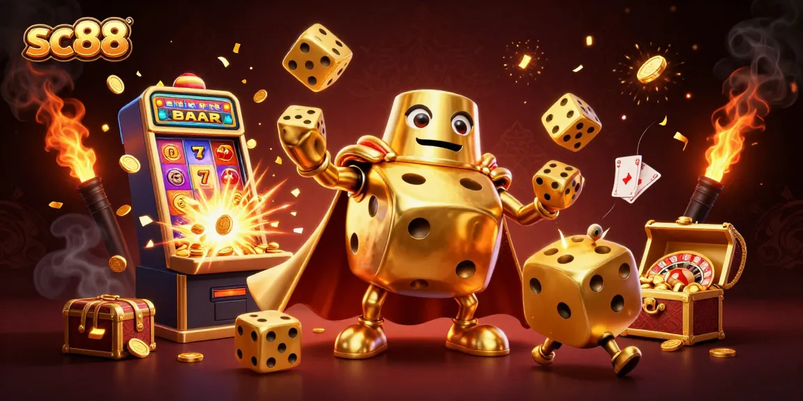 Get ready to win big with sc88, featuring a golden dice golem and colorful casino elements.