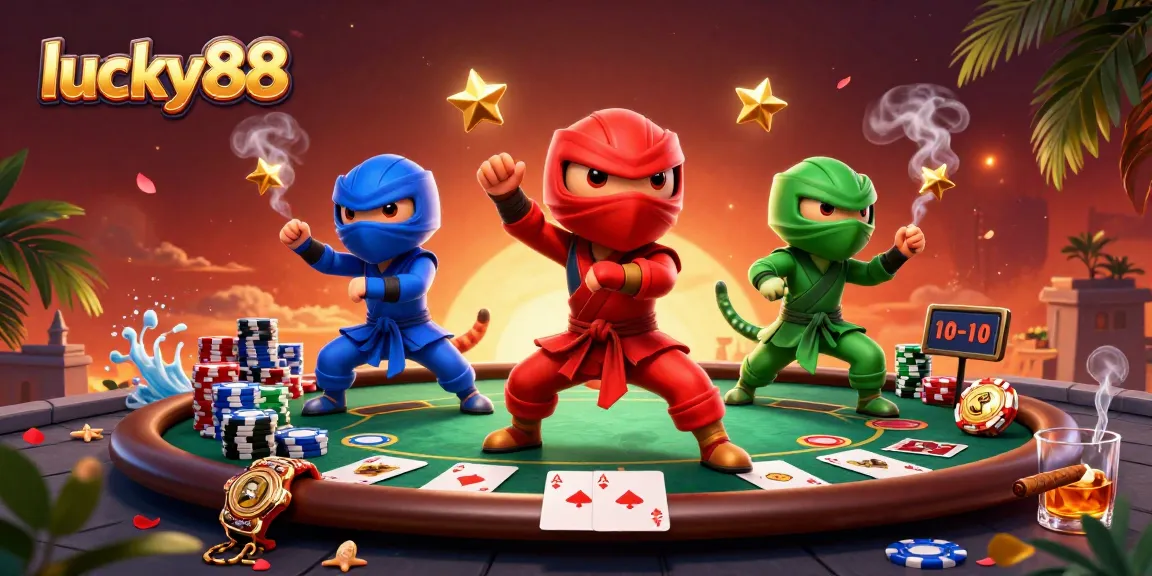 Experience thrilling poker action with lucky88's dynamic chameleon characters in a vibrant 3D casino scene.