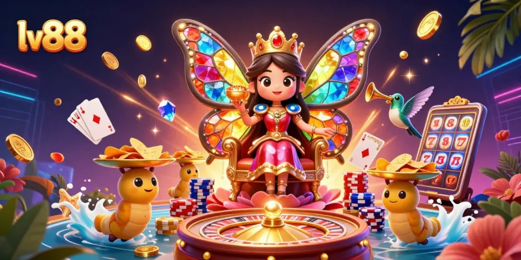 Experience the vibrant charm of lv88 with a butterfly queen in a spectacular casino setting.