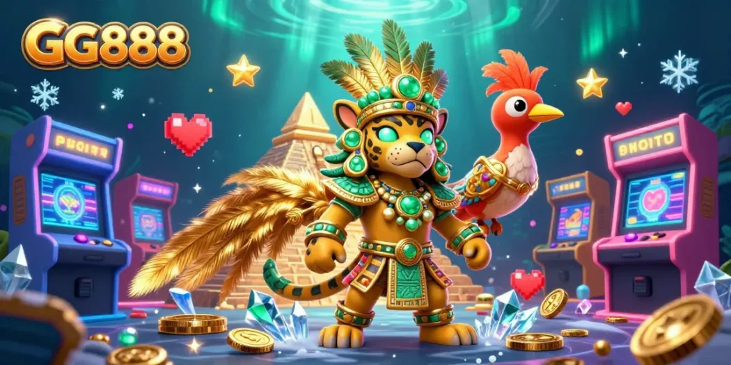 Experience thrilling gaming action with GG888's vibrant 3D casino scene featuring a Mayan priest and colorful game elements.