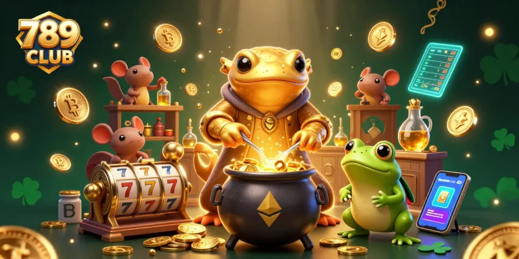 Experience the excitement of 789 CLUB with a 3D illustration featuring a magical alchemist transforming base metals into gold coins, amidst vibrant casino elements.