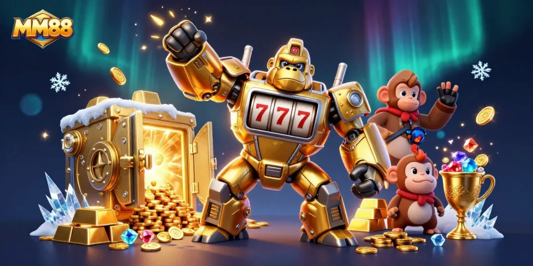 MM88's golden gorilla mech powers up with jackpot excitement and treasure bursting forth.