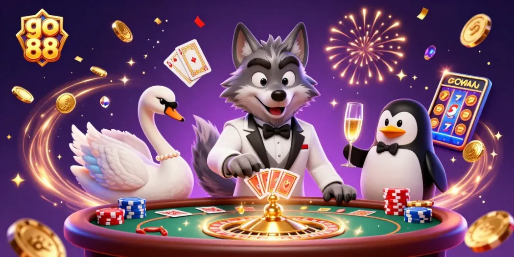 Experience thrilling gameplay at go 88 casino with a lively illustration of our characters engaging in gambling activities.